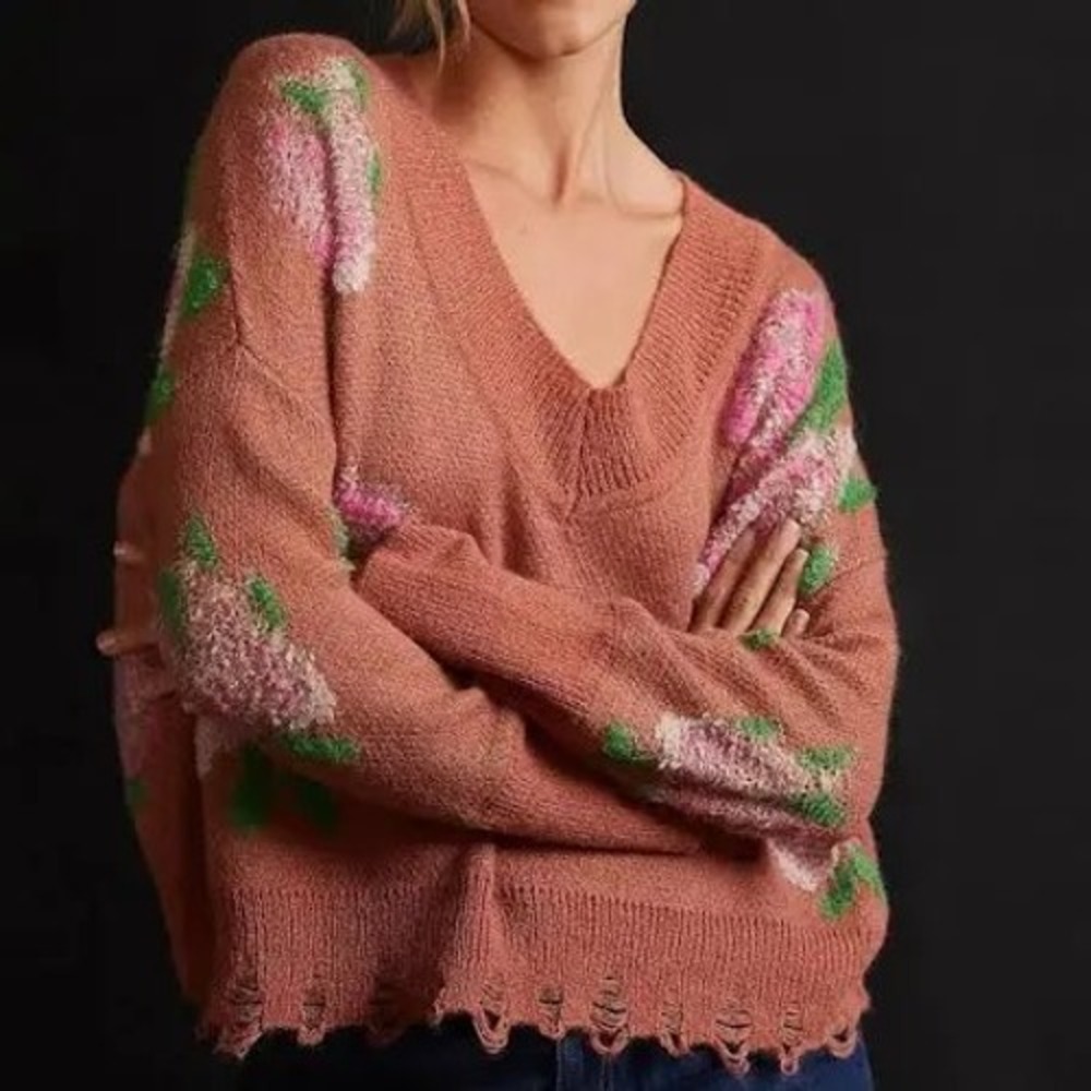 Anthropologie Floral Intarsia V-Neck Distressed Hem Sweater Orange Pink XS